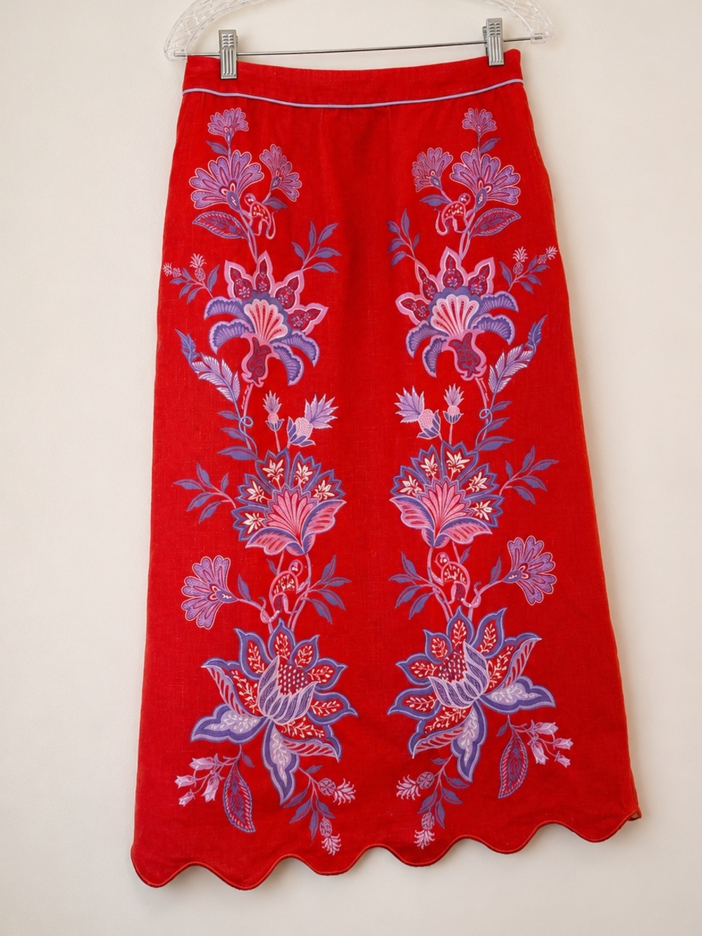 FARM Rio Porcelain Garden Red Motif Linen Blend Scalloped Midi Skirt S - Picture 2 of 16